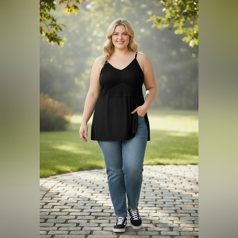 BloomChic Plain Black with Lace Detail on the top half & Adjustable Straps Plus